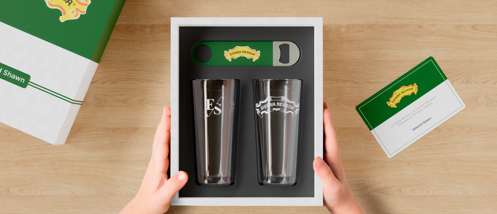Unique gift set including a custom bottle opener and two double walled pint glasses