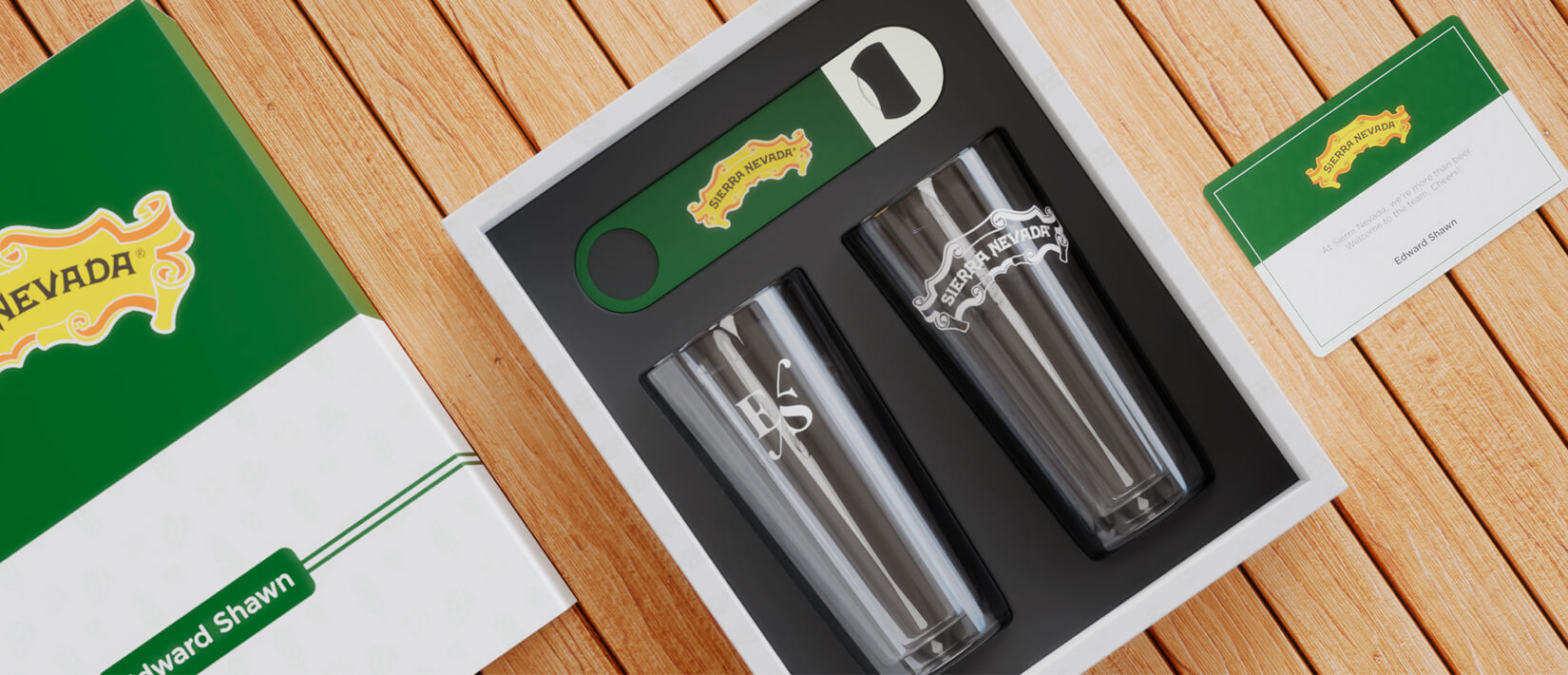 Custom bottle opener and double walled pint glasses gift set