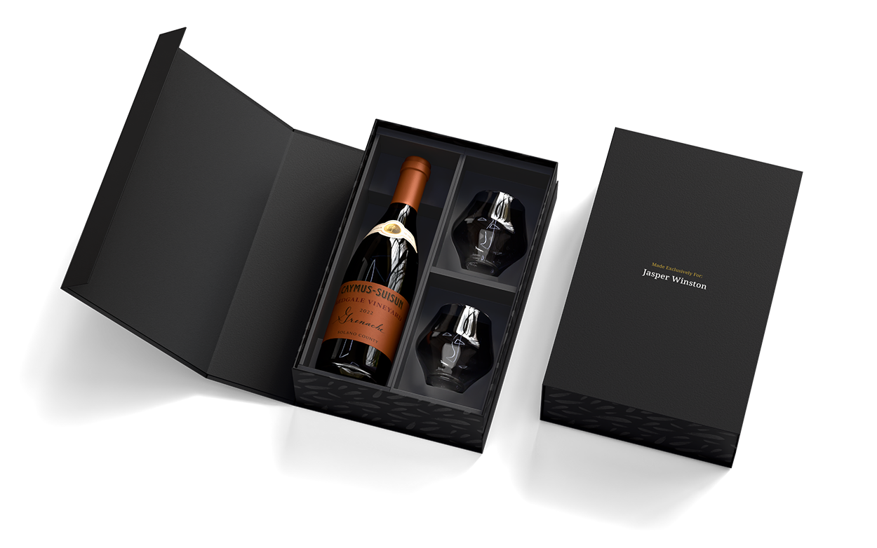 Caymus Grenache Redgale Vineyard Solano County + Supremo Stemless Glasses