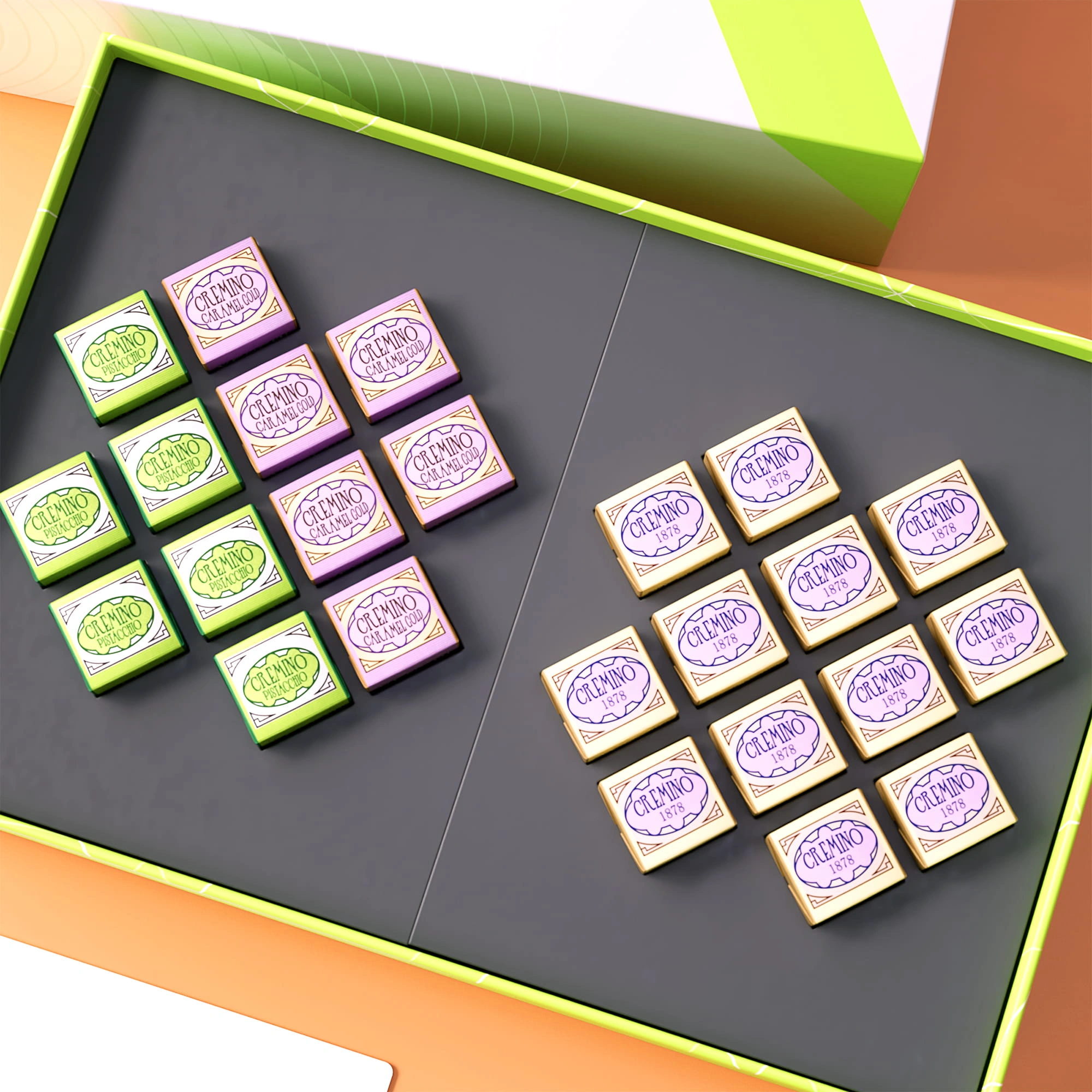Venchi Cremino Pistacchio + Caramel Gold + Piedmont Hazelnut (72 pieces)
