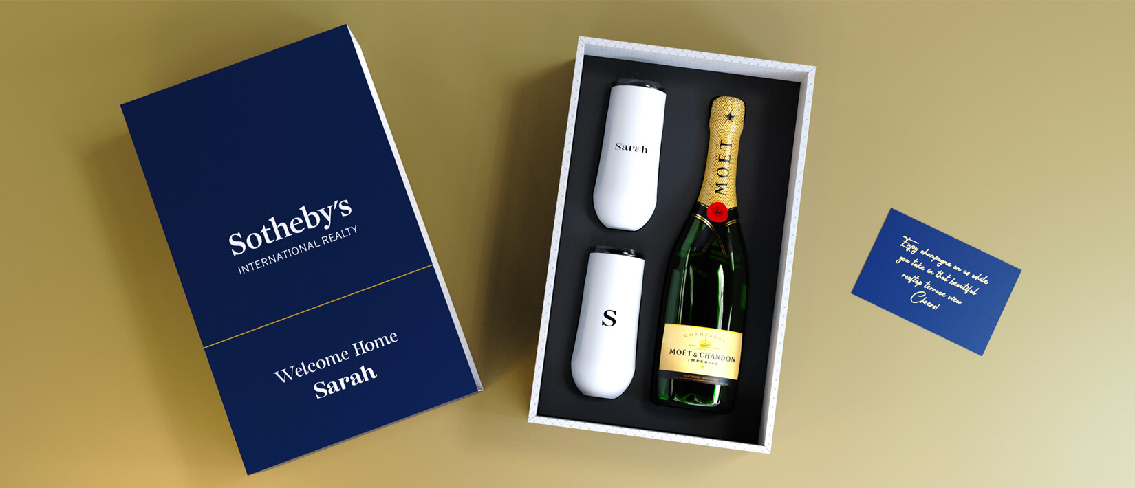 Custom gift box containing champagne and insulated flutes for a memorable gift. 3