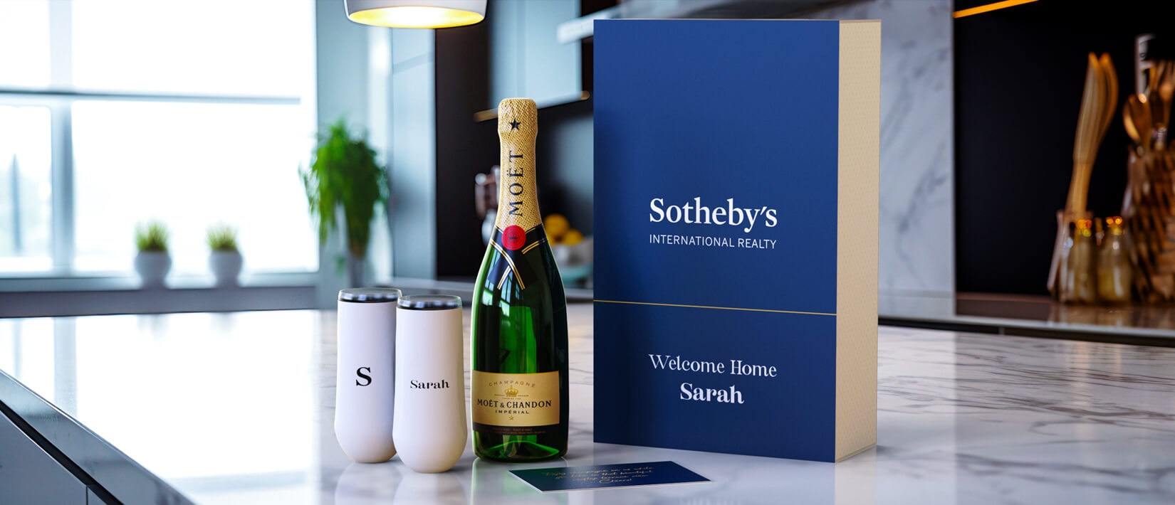 Insulated champagne flutes and bottle in a beautifully crafted gift box.