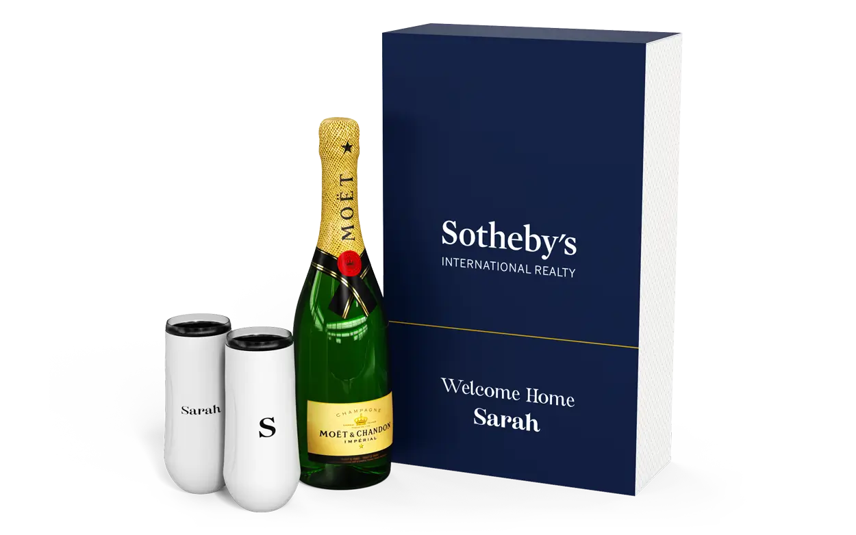 Elegant champagne set in a custom gift box with insulated flutes.